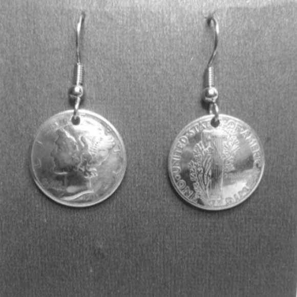 Vintage Silver Domed Polished Mercury Dime Drop Hook Earrings - Picture 3 of 7